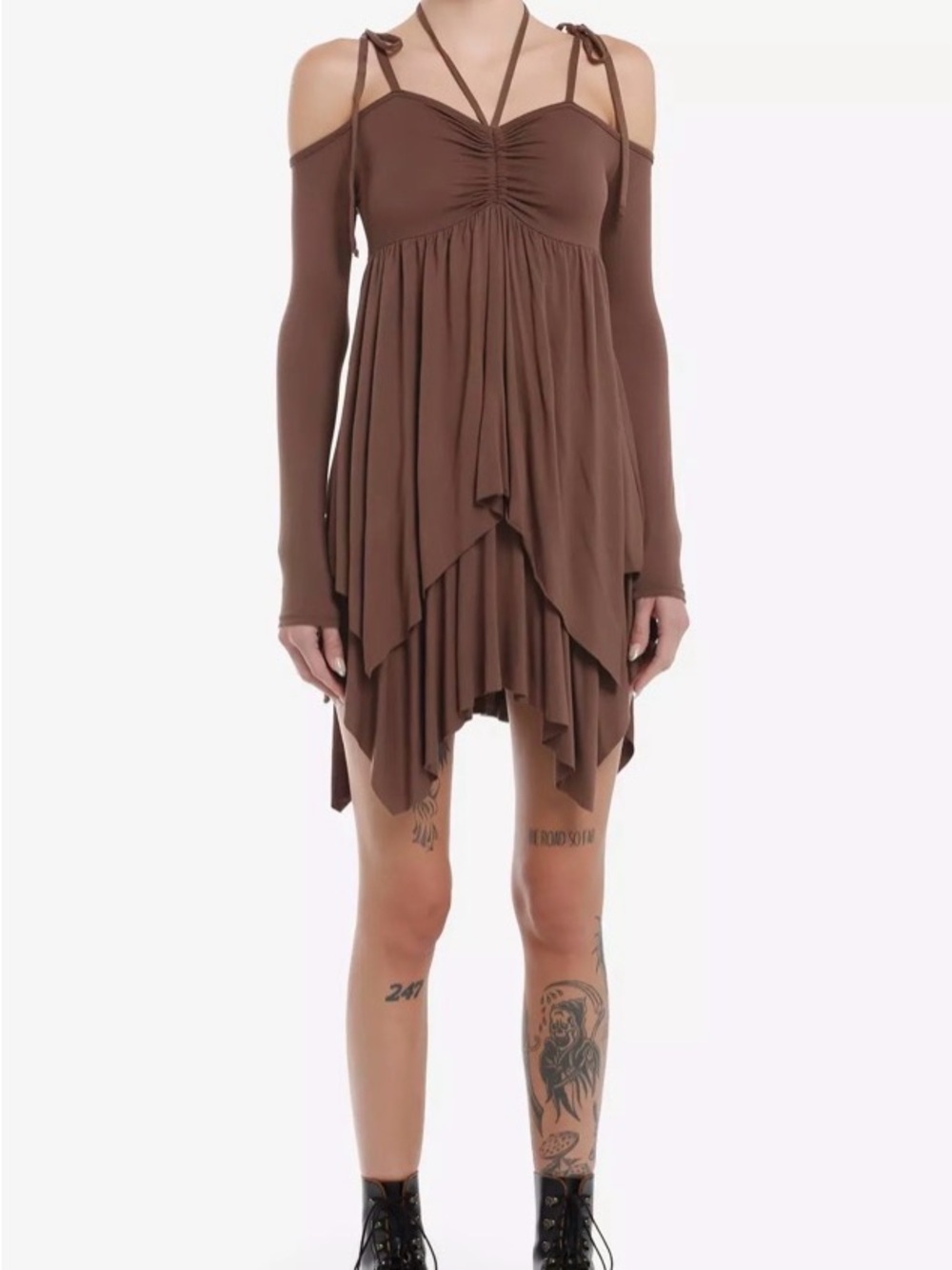 Thorn & Fable Boho Fairycore Brown Dress Size Large Handkerchief Hem Cottagecore